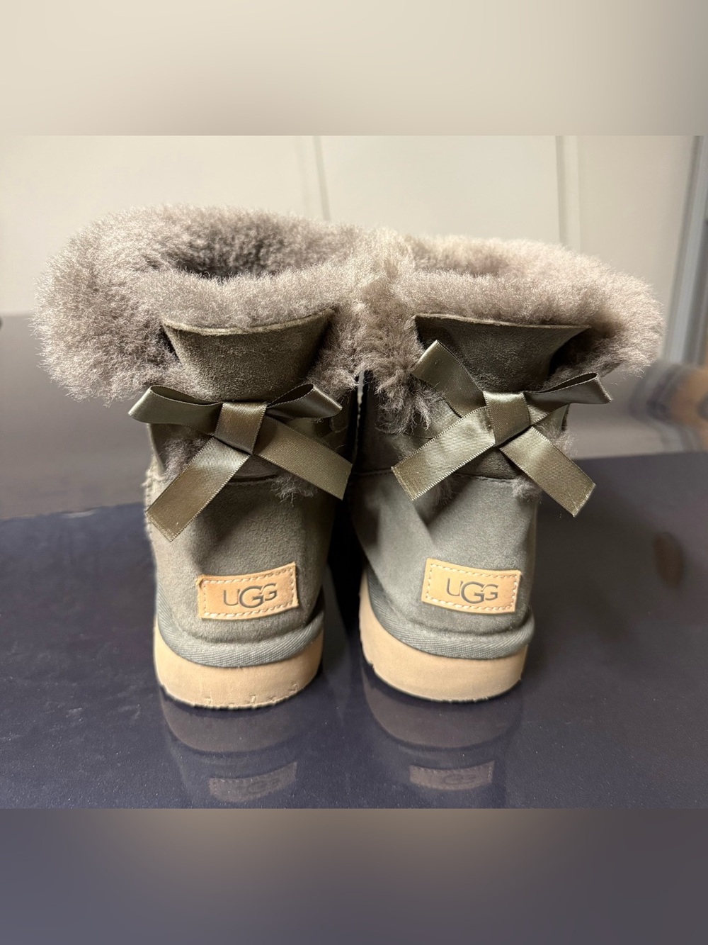 UGG Olive Short Suede Shearling Boots with Back Bows